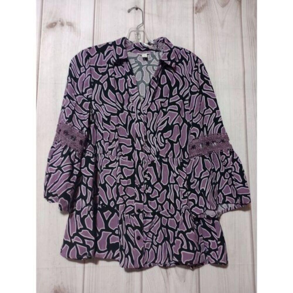 Cato Purple Black Abstract Print Bell Sleeve Tiered Ruffle Blouse Women's Medium